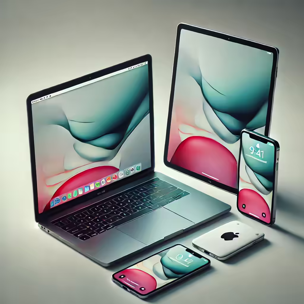 Image of Apple laptop, tablet, and phone.