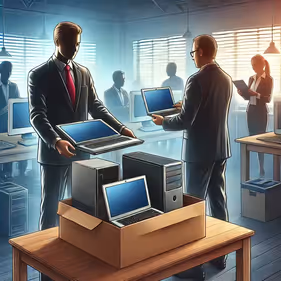 Image shows corporate workers gathering used IT assets to donate to charities.