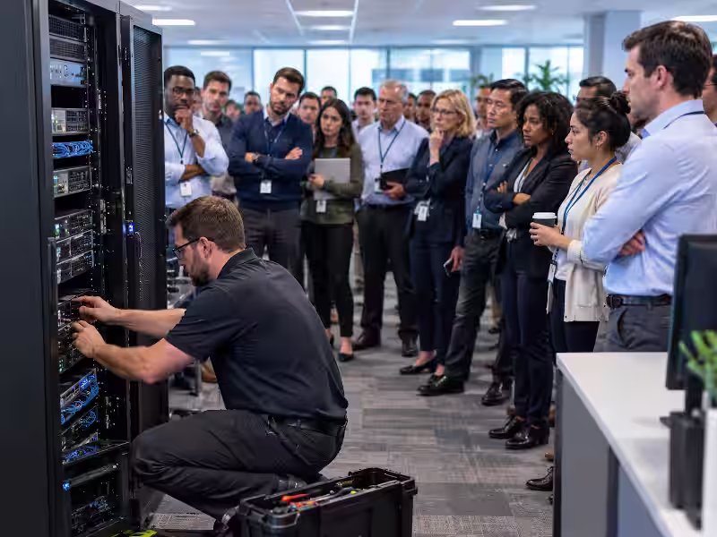 Image depicting the lost employee productivity from downtime showing one employee repairing a laptop while others stand around and wait.