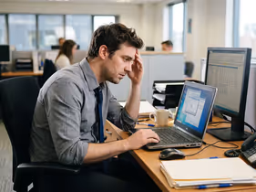 An image of an employee sitting in front of his computer not working, frustrated with his computer.