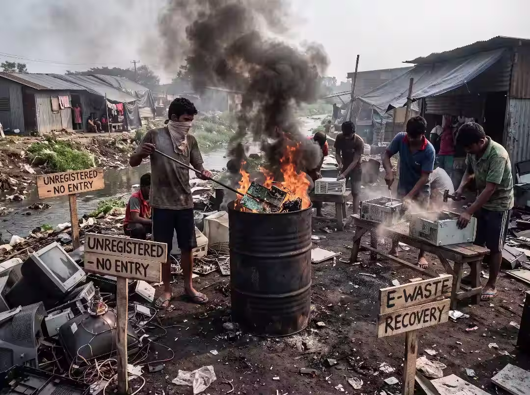 Why e-waste should never be shipped overseas Image depicting informal e-waste recycling involving open burning of electrical wires to extract metals at great risk to the people and environment