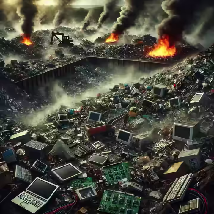 Image depicting the environmental contamination resulting from landfilling and incinerating e-waste.