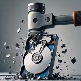 Image depicting data destruction with a hammer physically crushing a hard drive.
