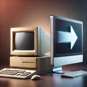 Image showing an obsolete computer next to a modern one, depicting the need for an upgrade. 