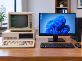 Image showing an obsolete computer next to a modern one, depicting the need for an upgrade.